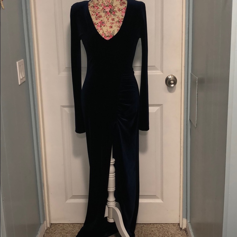 Fashion Nova Navy Blue Velour Long Sleeve Maxi